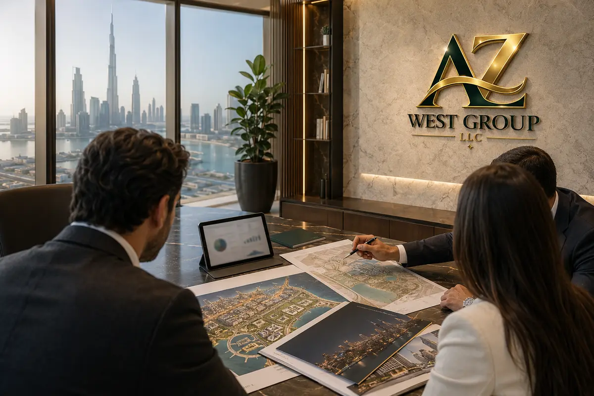AZ West Group LLC team discussing Dubai property opportunities in an office overlooking the Dubai skyline.
