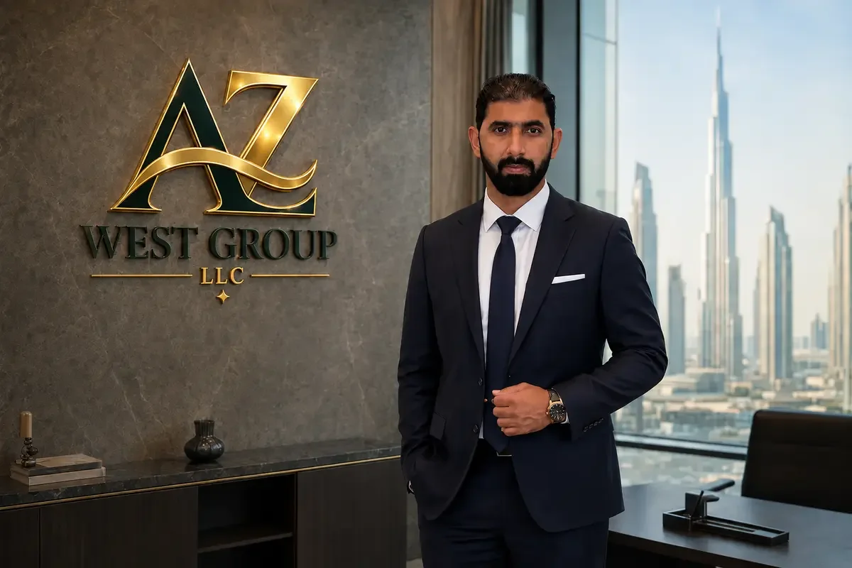 Asif Ali, Founder and CEO of AZ West Group LLC, in a Dubai office beside the official company logo.