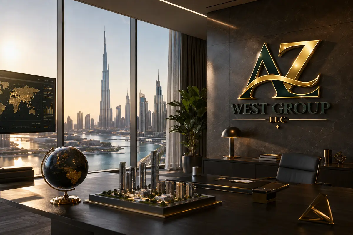AZ West Group LLC real estate intelligence office featuring a global market display and the Dubai skyline.