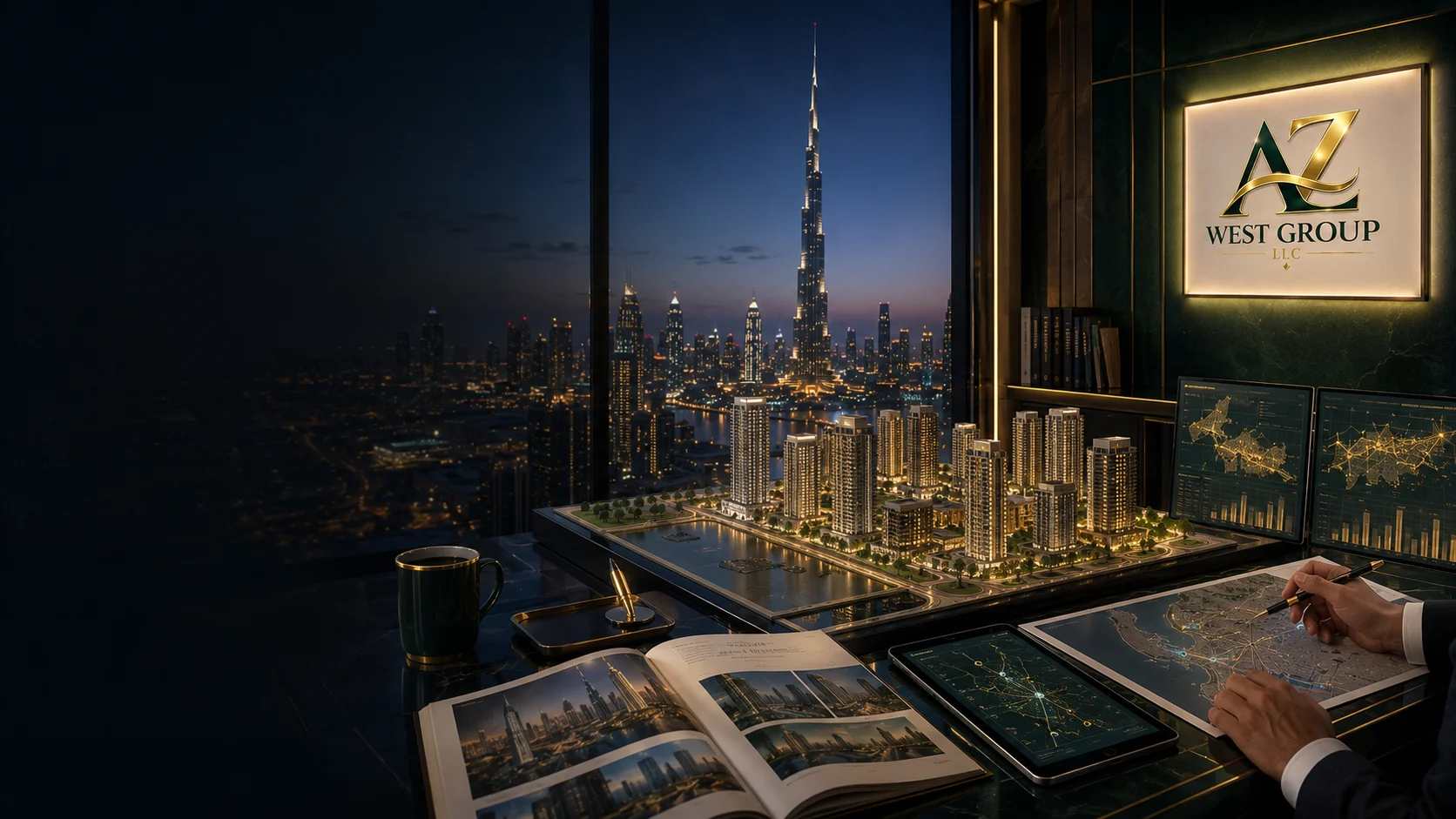 AZ West Group Dubai real estate advisory office with Burj Khalifa skyline, property model and market analytics