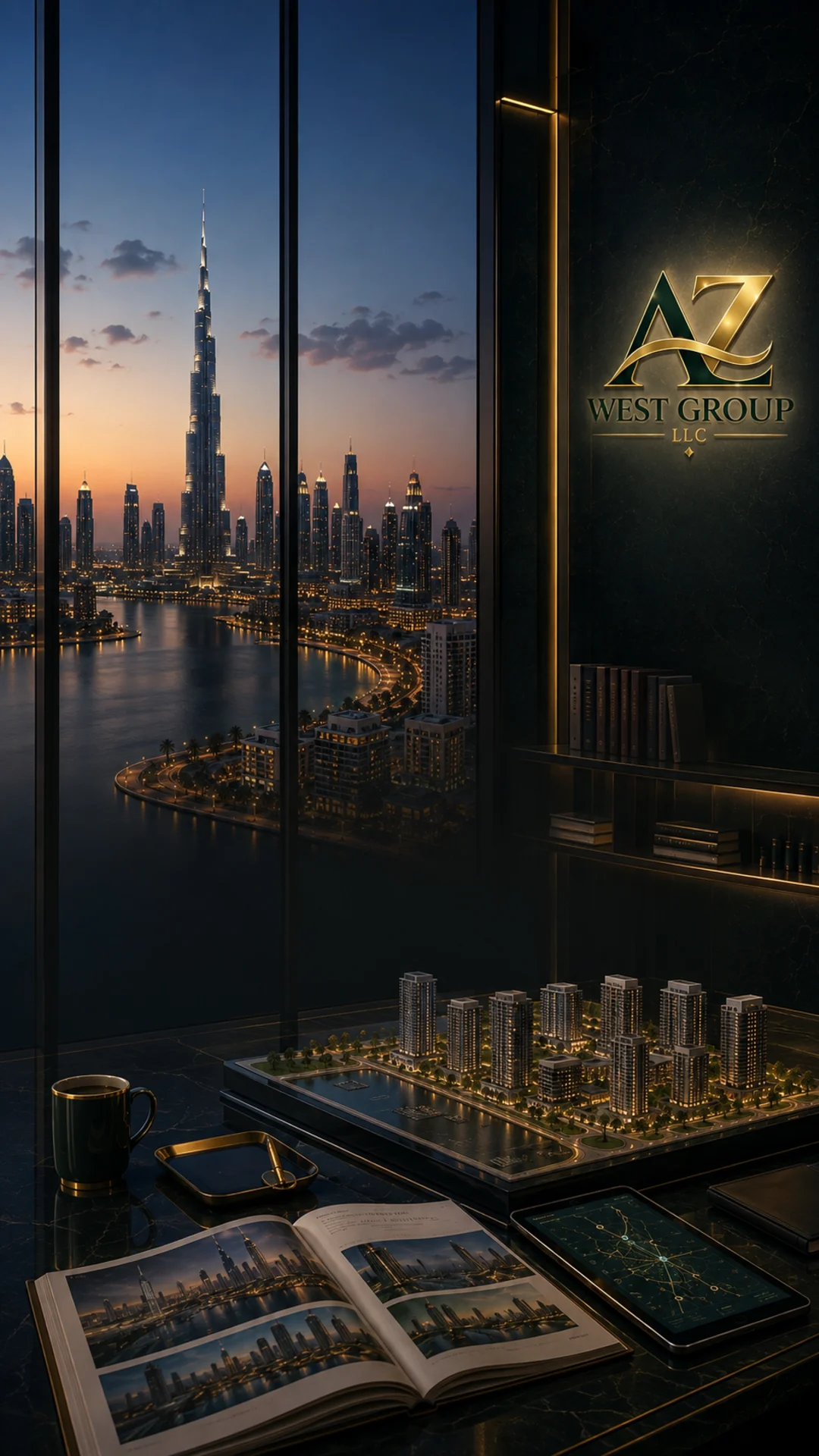 AZ West Group Dubai real estate advisory office with Burj Khalifa skyline, property model and market analytics